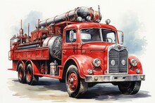 Watercolor Illustration Of A Vintage Red Fire Truck