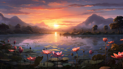 Wall Mural - sunset over the lake.