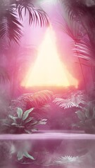 Wall Mural - An animated pink toned jungle scene with a glowing sci-fi triangle in the middle.