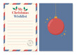 Christmas wish list template. Colorful wishlist and greeting card with holiday elements. Blank wishlist with stamp and frame. Isolated on white background. Vector illustration.