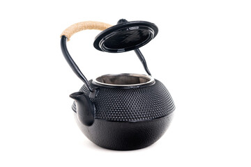 Wall Mural - Traditional black asian cast iron kettle with open lid isolated on white background