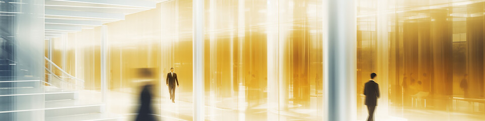 Wall Mural - long narrow panoramic view group of silhouettes of people blurred in motion on a golden glowing white background of a business center.