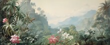 Watercolor Pattern Wallpaper. Painting Of A Jungle Landscape.