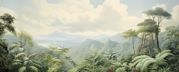 Watercolor pattern wallpaper. Painting of a jungle landscape.