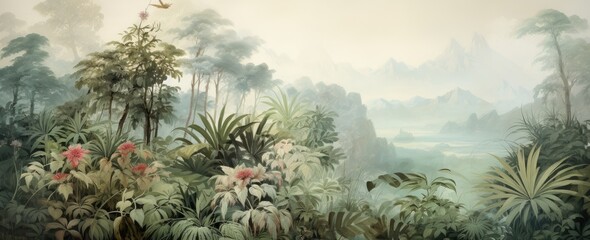 Wall Mural - Watercolor pattern wallpaper. Painting of a jungle landscape.