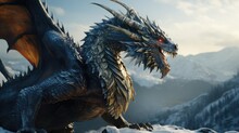 A Super Blue Dragon In A Snow Covered Moutain Setting, Gold And Black Dragon By A Glacier-blue Cascading Stream In The Snow Covered Mountains, Rocks And A Few Trees