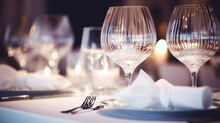 Table Setting With Glasses On A Festive Evening, Restaurant, Christmas Luxury Table