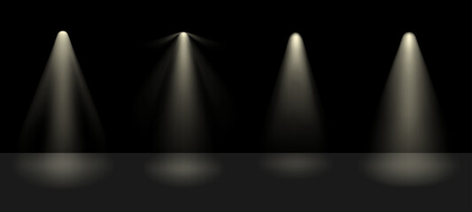 Poster - Spotlight ray stage effect. Spot light beams shine on black background to bright up scene. Scene vector illustration.