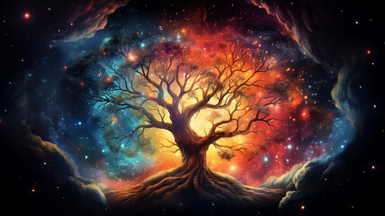 Wall Mural - fairytale illustration of the tree of life of the universe, the image of a large old tree against th