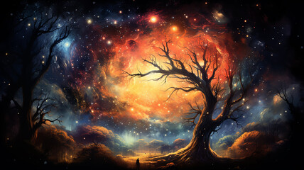 Wall Mural - fairytale illustration of the tree of life of the universe, the image of a large old tree against the background of space and the dark sky among the stars and galaxies