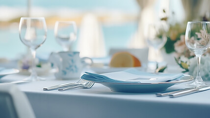 Wall Mural - table setting in the restaurant interior light blue tones mediterranean style