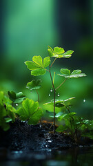 Wall Mural - vertical background green forest, dew drops and wet rain on young leaves and shoots in the depths of
