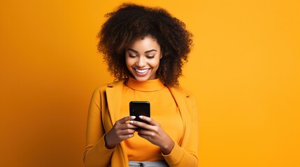 Wall Mural - Colorful background frames a black woman in a trendy modern clothes, happily checking her smartphone