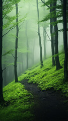 Wall Mural - misty landscape in a fresh green spring forest, vertical panoramic view, trunks of green trees in th