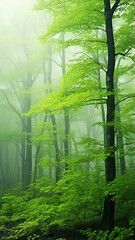 Wall Mural - misty landscape in a fresh green spring forest, vertical panoramic view, trunks of green trees in th