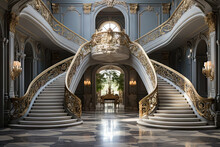 A Grand Staircase With A Chandelier And A Chandelier