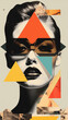 90s collage, modernist style, face of sensual woman in black and white with red lipstick. abstract and colourful cut-out elements with sunglasses. Fashion, beauty poster. pop art print. Cutout artwork