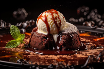 a decadent chocolate lava cake oozing with rich molten ganache, served with a scoop of vanilla ice c