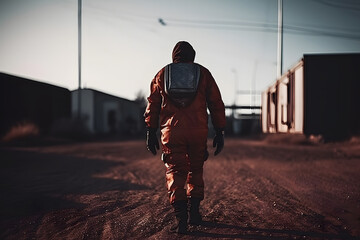 Wall Mural - courageous astronaut in the space suit explores red planet mars covered in mist. adventure. space tr