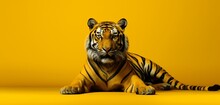 Majestic Tiger On A Solid Yellow Background With Copy Space.