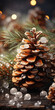 A Christmas background with pine cones and baubles. Generative AI. 