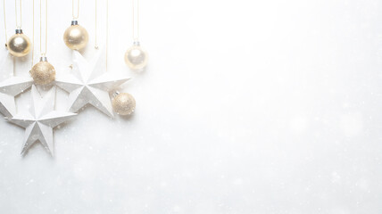 snowfall background postcard white copy space, christmas stars decorations isolated on white, winter new year greeting