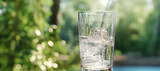 Fototapeta Łazienka - fresh clear mineral water in a glass with forest background 2