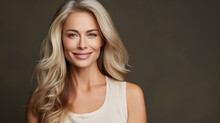 Beautiful blonde woman with smooth healthy face skin. Gorgeous aging mature woman with long gray hair and happy smiling. Beauty and cosmetics skincare advertising concept.