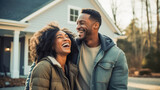 Fototapeta  - Happy African American couple laughing together in front of the new car and the new house background. New house mortgage business investment and home sweet home after married lifestyle concept.