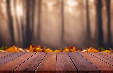 Wall Mural - The empty wooden table for display at autumn forest.