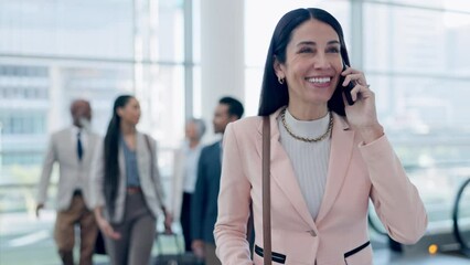 Canvas Print - Phone call, smile and business woman at airport lobby to talk, chat or discussion. Happy, smartphone and professional walk with bag for travel, communication and journey flight of business consultant