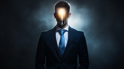 businessman with a burning light bulb instead of a head, idea, concept, an innovation,  new thought