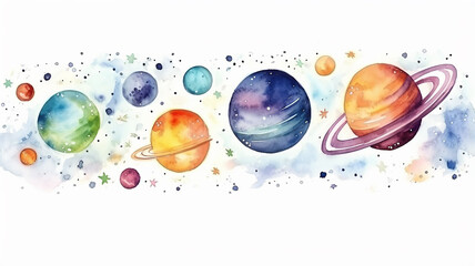 Wall Mural - planets in space on a white background, watercolor drawing for children primitive minimalistic poste