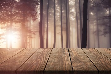 Sticker - The empty wooden table for display at autumn forest.