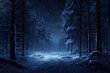 Beautiful snowy winter background landscape with forest, snowfall, snowdrift, at night, festive holiday illustration