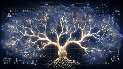 Poster - background concept is artificial intelligence, a symbol of nature and growth, a tree of life and a brain integrated and combined with a computer chip, fictional graphics