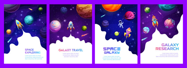 Poster - Space landing page, cartoon rocket, astronaut and planets in galaxy. Vector background with spacecraft travel in Universe. Shuttle flying in alien world explore cosmos with stars and white smoke frame