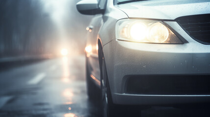 Poster - the headlights of a car on an autumn road in fog, the weather is a dangerous road in November