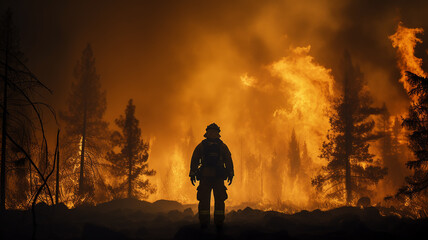 Wall Mural - firefighter on the background of a forest fire view from the back