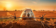 The watchful eyes of a prairie dog emerge from a hole, with a backdrop of golden, sunlit grasslands