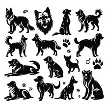 Set Of Dog Silhouettes Isolated On A White Background, Vector Illustration.