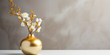 An Exquisite Gold Vase On A Sleek Marble Table, Set Against The Backdrop Of An Opulent, Modern Living Space