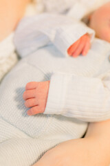 Wall Mural - A close-up of a newborn baby's hands curled up on his or her chest