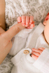 Wall Mural - A newborn baby is holding their mother's finger 