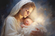 Mary and baby Jesus in heaven light