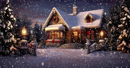 Wall Mural - A cottage at Christmas with snow falling, animated, loop