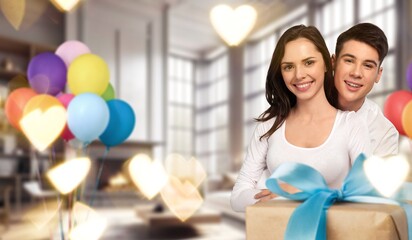 Sticker - Young couple hold gift celebrate Valentine's Day