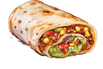 Wall Mural - Watercolor style hand painted tasty burritos on white transparent background