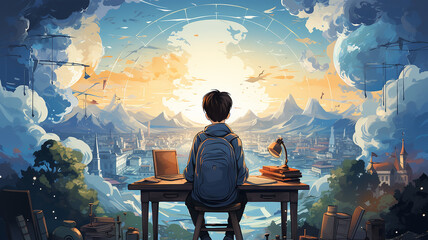 Fototapete - student at the table view from the back learning global drawing picture graphics