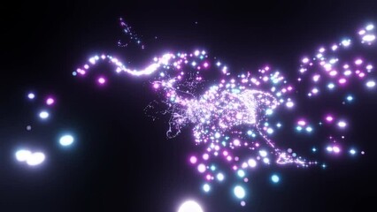 Fototapete - Abstract purple tiny glowing dots flying on a black background. Design. Stream of bright sparks.